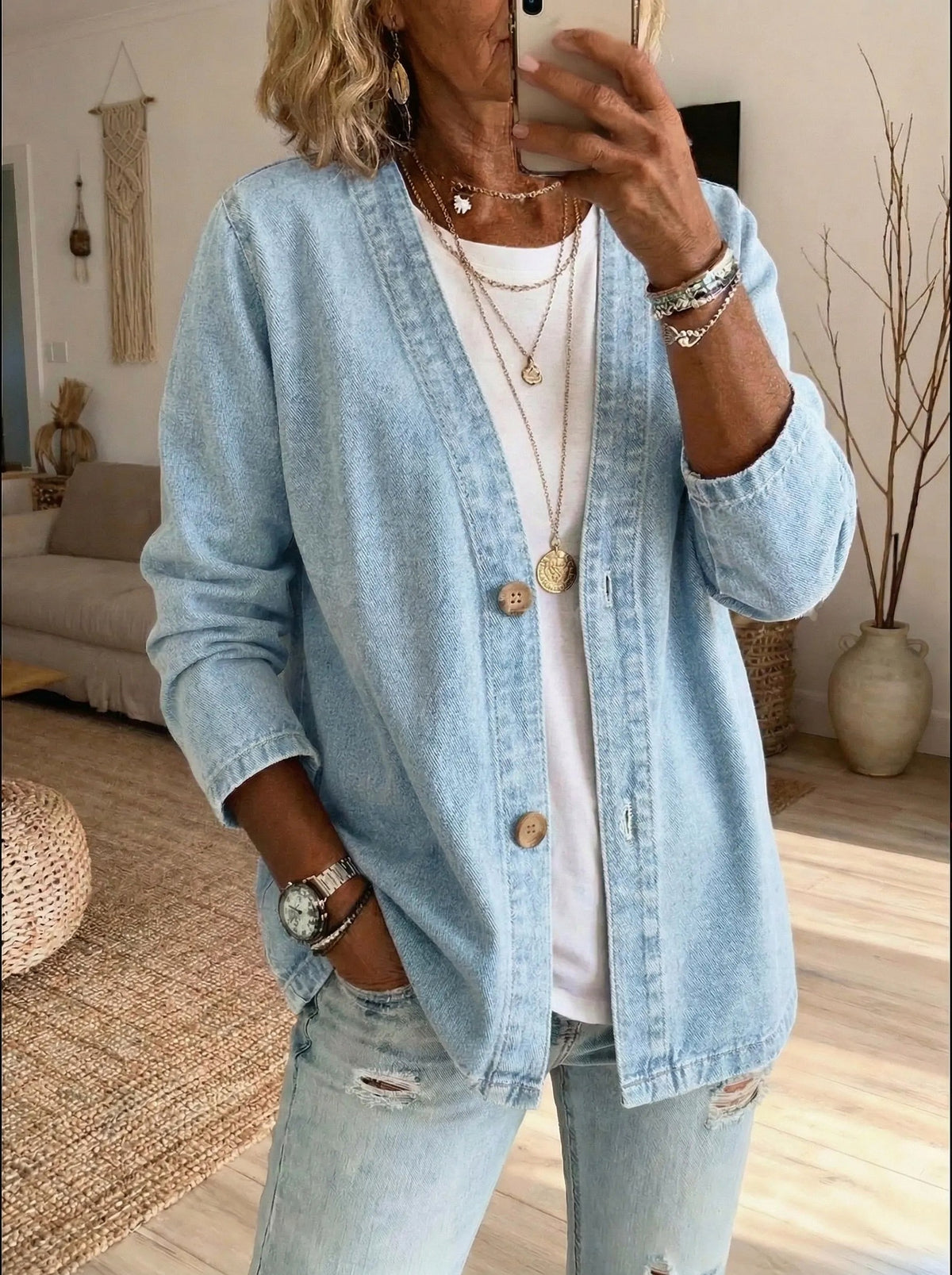 Denim Button Front Cardigan