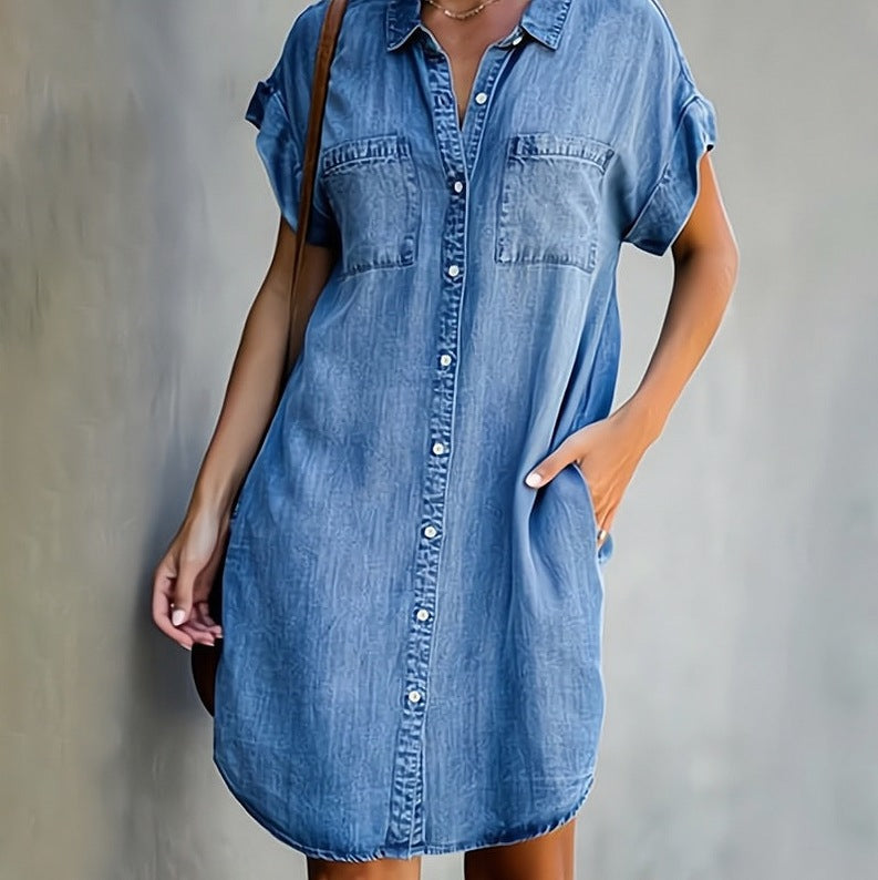 Denim Short Sleeve Button Front Shirt Dress