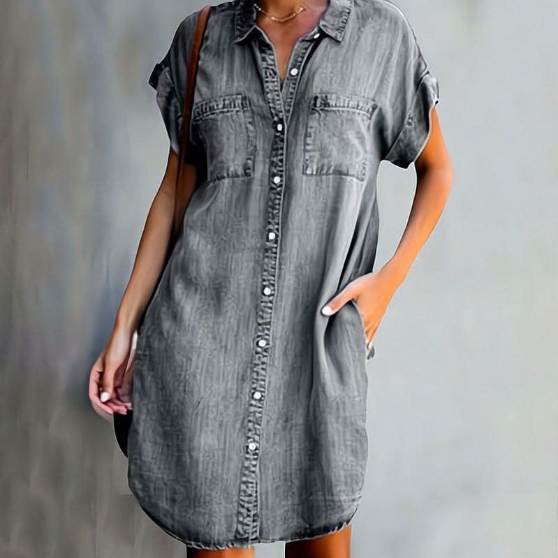 Denim Short Sleeve Button Front Shirt Dress