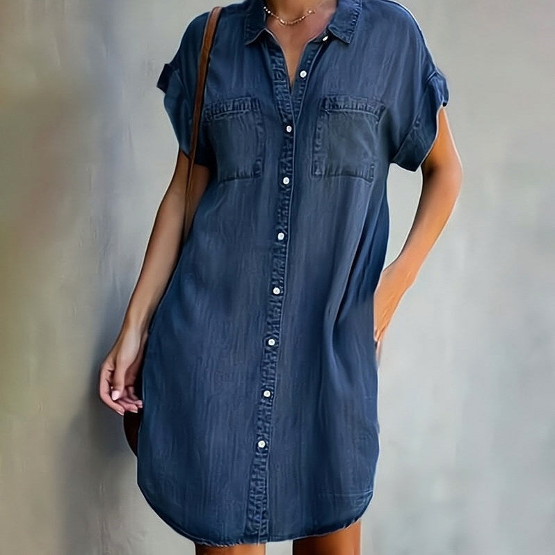 Denim Short Sleeve Button Front Shirt Dress