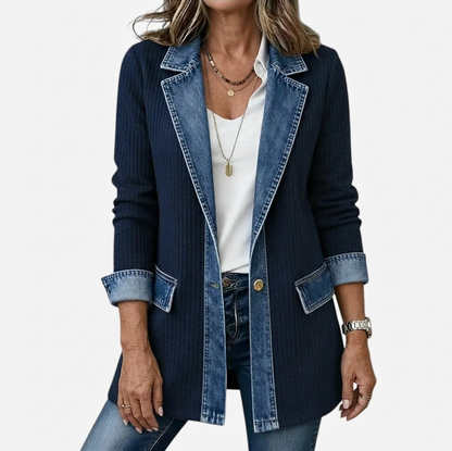 Denim Contrast Ribbed Blazer Jacket