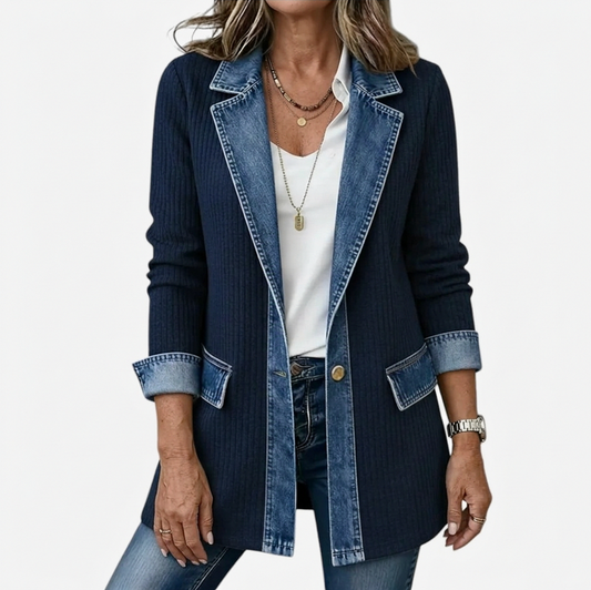 Denim Contrast Ribbed Blazer Jacket