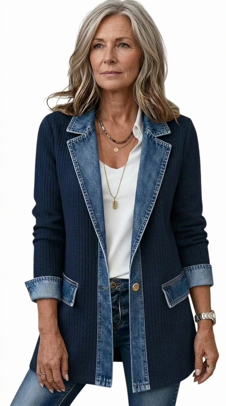 Denim Contrast Ribbed Blazer Jacket