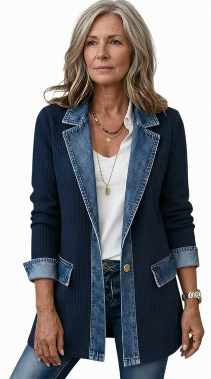Denim Contrast Ribbed Blazer Jacket