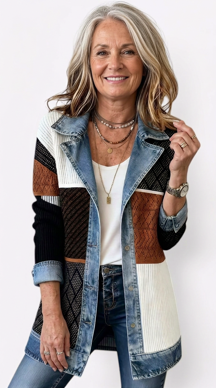 Denim Contrast Ribbed Blazer Jacket