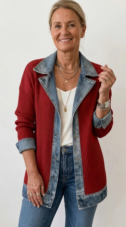 Denim Contrast Ribbed Blazer Jacket