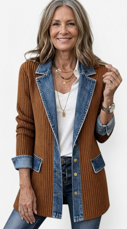 Denim Contrast Ribbed Blazer Jacket