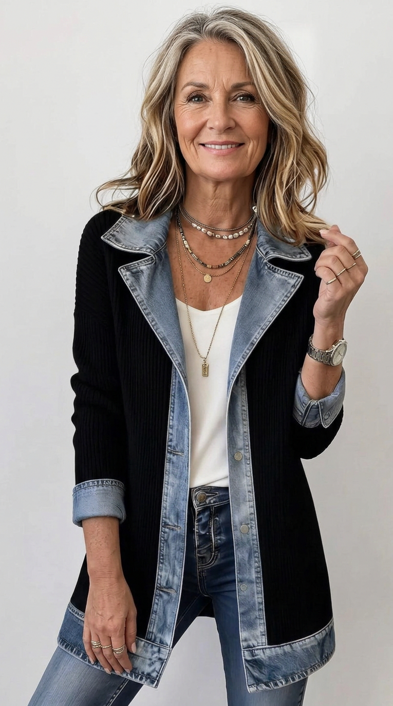 Denim Contrast Ribbed Blazer Jacket