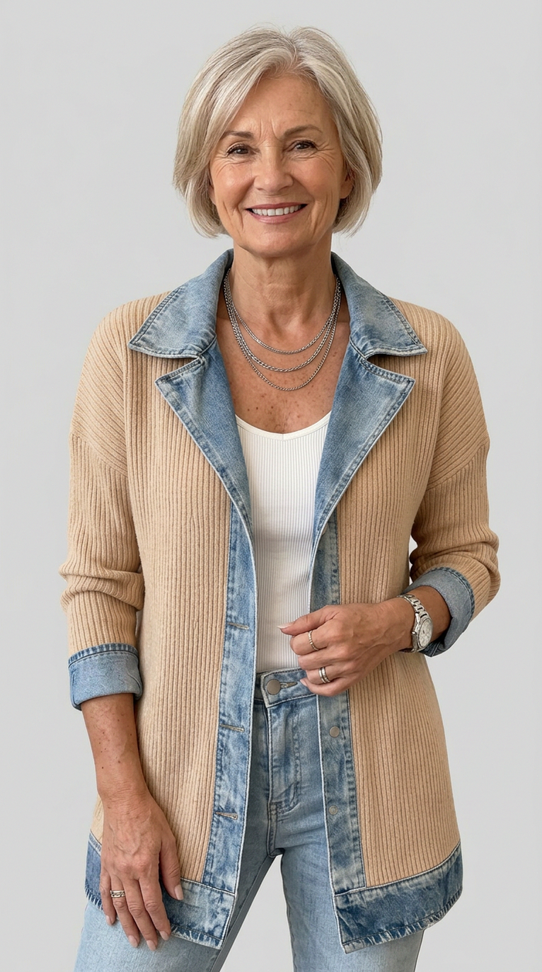 Denim Contrast Ribbed Blazer Jacket