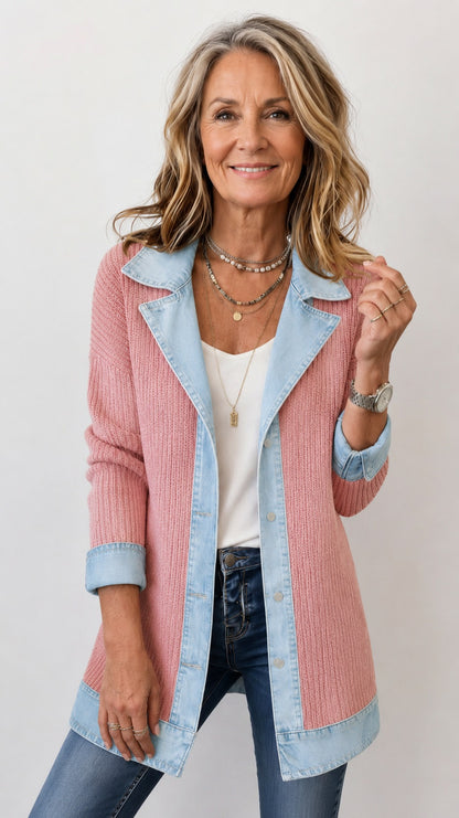 Denim Contrast Ribbed Blazer Jacket