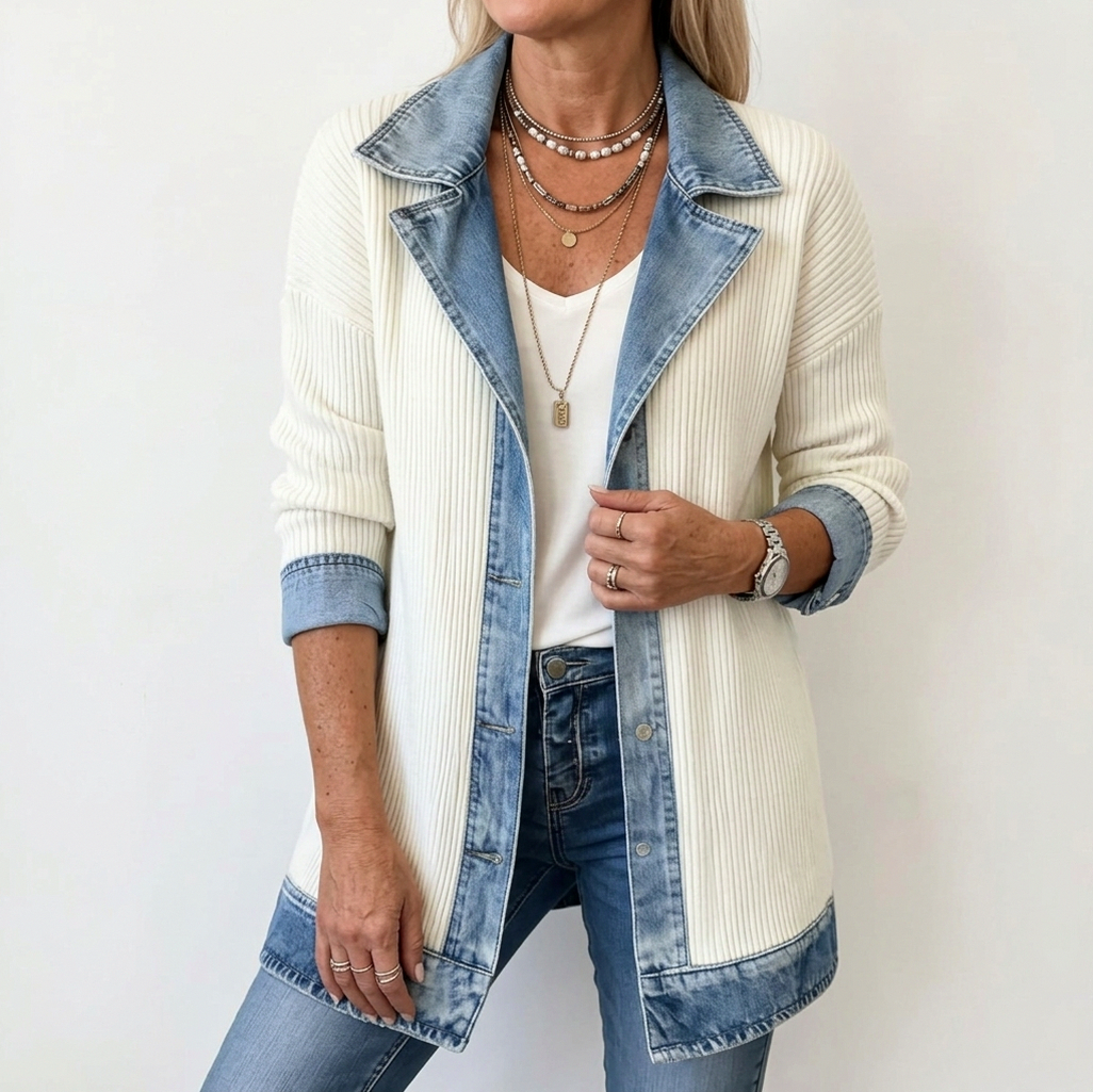 Denim Contrast Ribbed Blazer Jacket