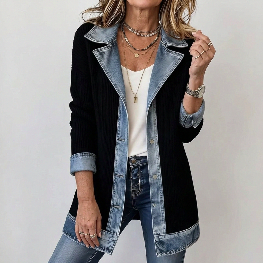 Denim Contrast Ribbed Blazer Jacket