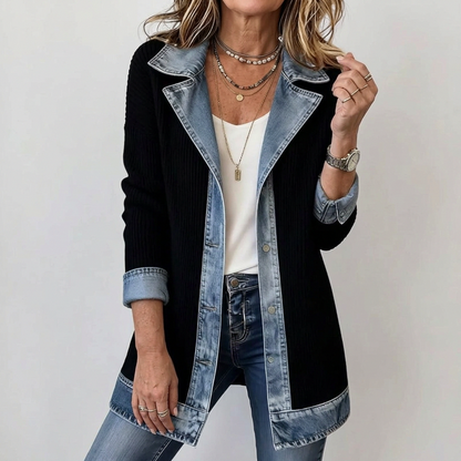 Denim Contrast Ribbed Blazer Jacket