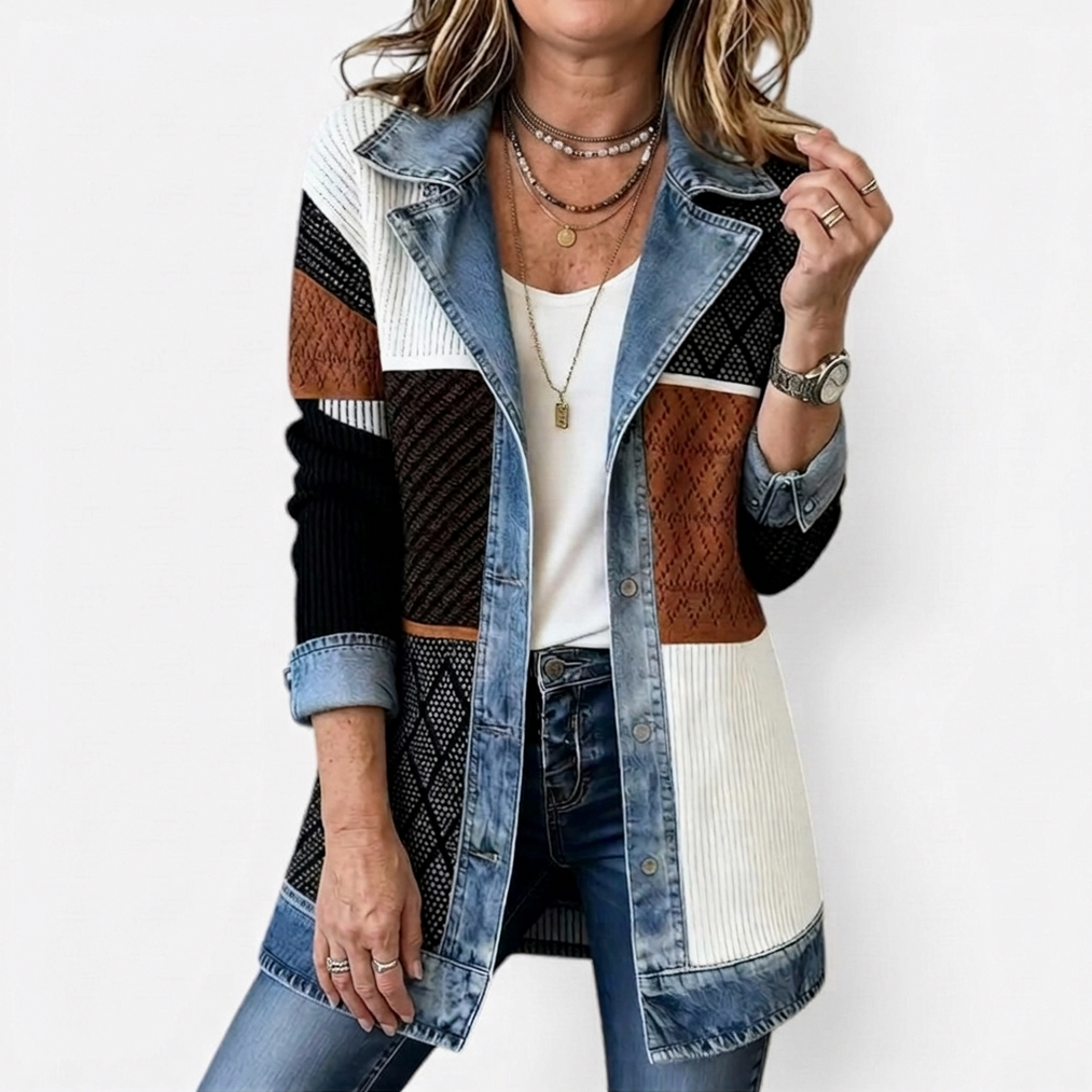 Denim Contrast Ribbed Blazer Jacket