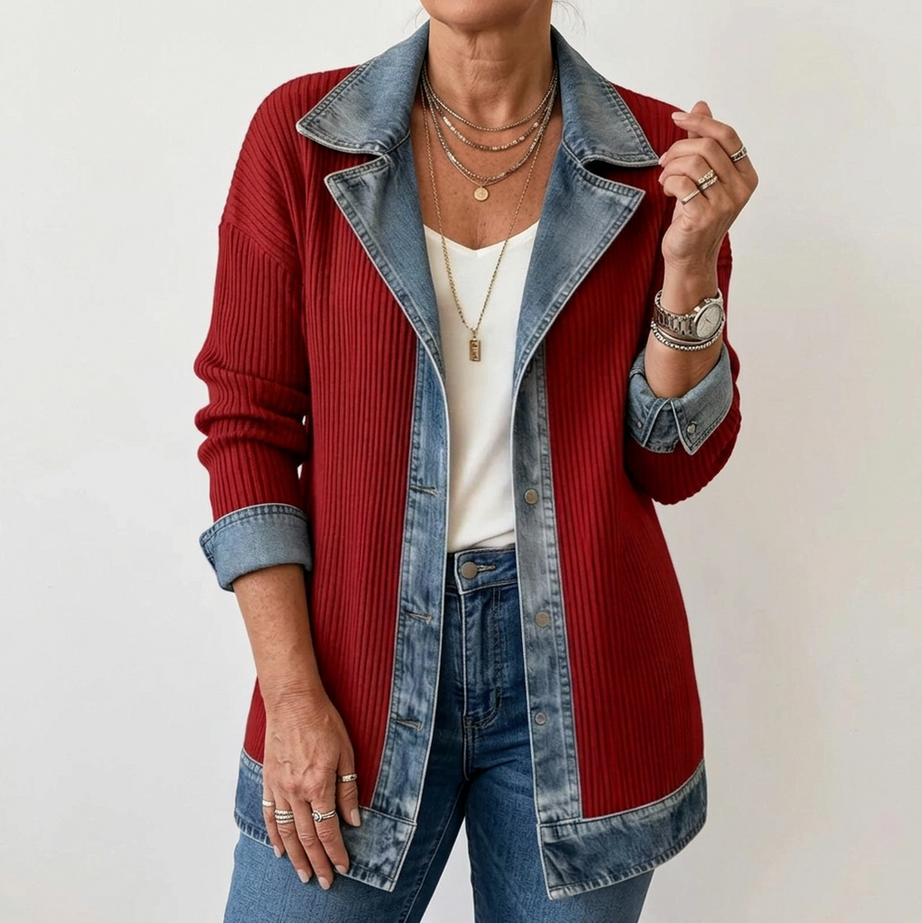 Denim Contrast Ribbed Blazer Jacket