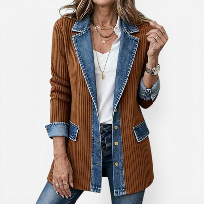 Denim Contrast Ribbed Blazer Jacket