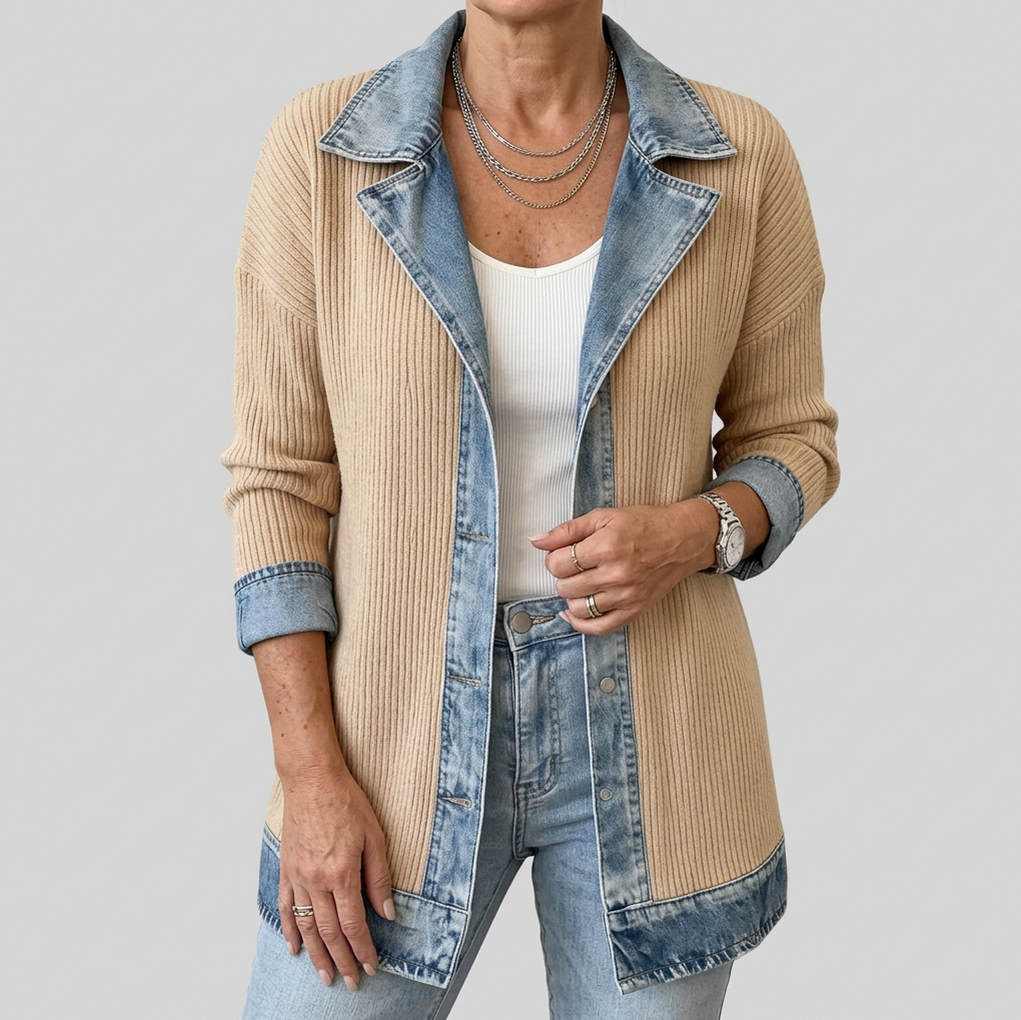 Denim Contrast Ribbed Blazer Jacket
