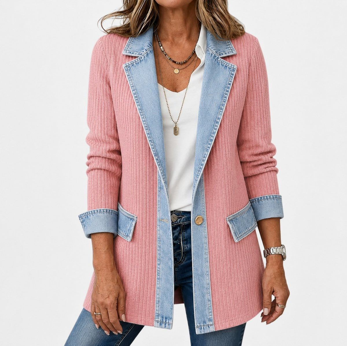 Denim Contrast Ribbed Blazer Jacket