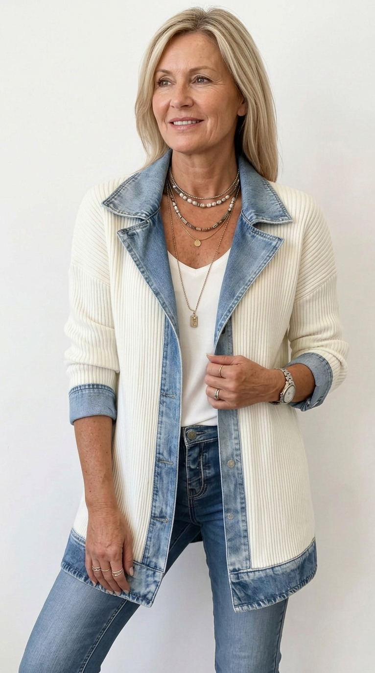 Denim Contrast Ribbed Blazer Jacket