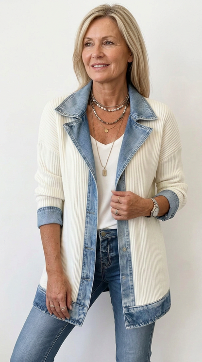 Denim Contrast Ribbed Blazer Jacket
