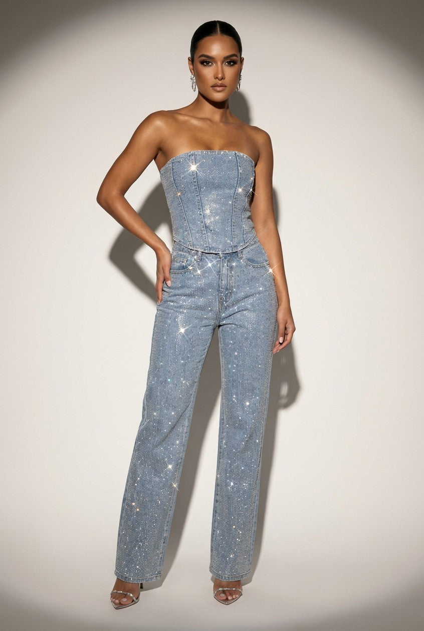 Denim Embellished Corset Matching Set