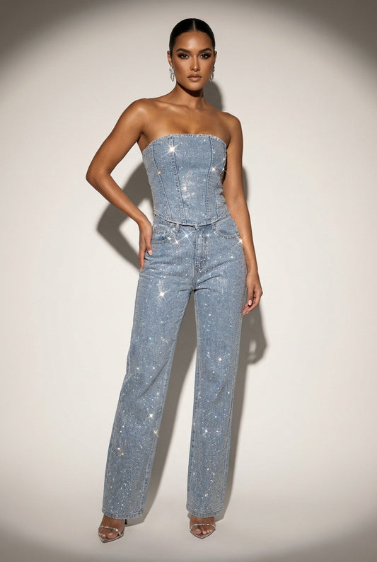 Denim Embellished Corset Matching Set