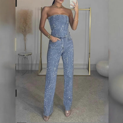 Denim Embellished Corset Matching Set
