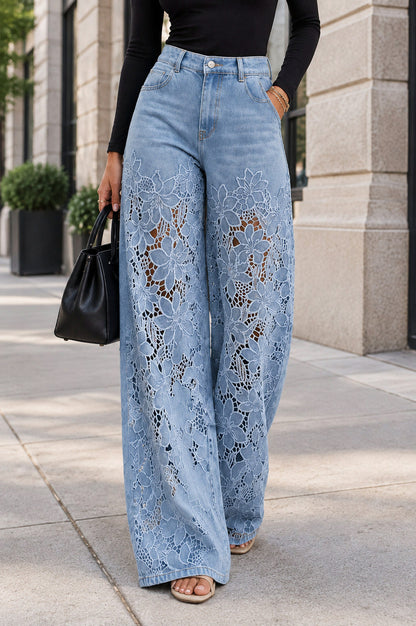 Denim Lace Cutout Wide Leg Pants