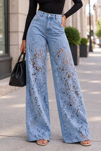 Denim Lace Cutout Wide Leg Pants
