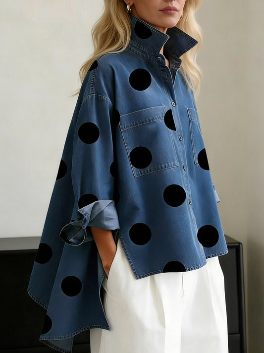 Denim Long Sleeve Polka Dot Oversized Blouse