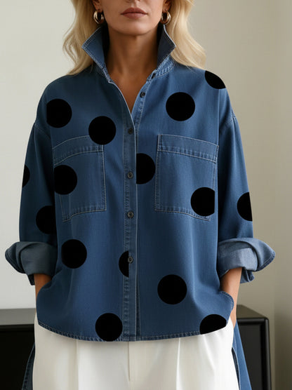 Denim Long Sleeve Polka Dot Oversized Blouse