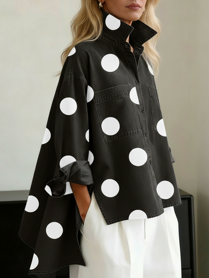 Denim Long Sleeve Polka Dot Oversized Blouse