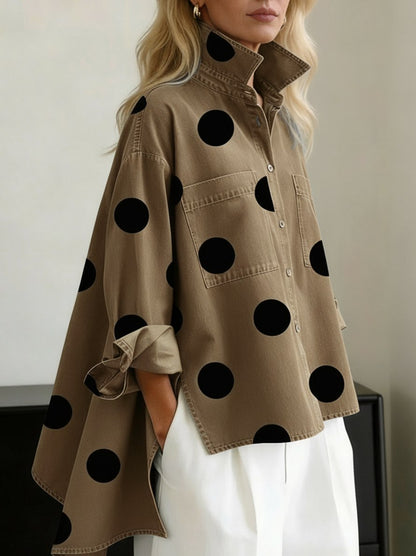 Denim Long Sleeve Polka Dot Oversized Blouse