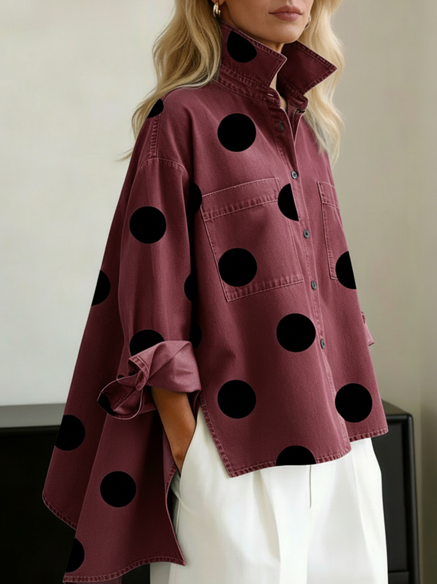 Denim Long Sleeve Polka Dot Oversized Blouse