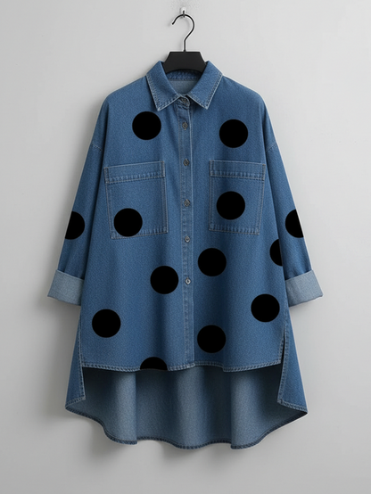 Denim Long Sleeve Polka Dot Oversized Blouse