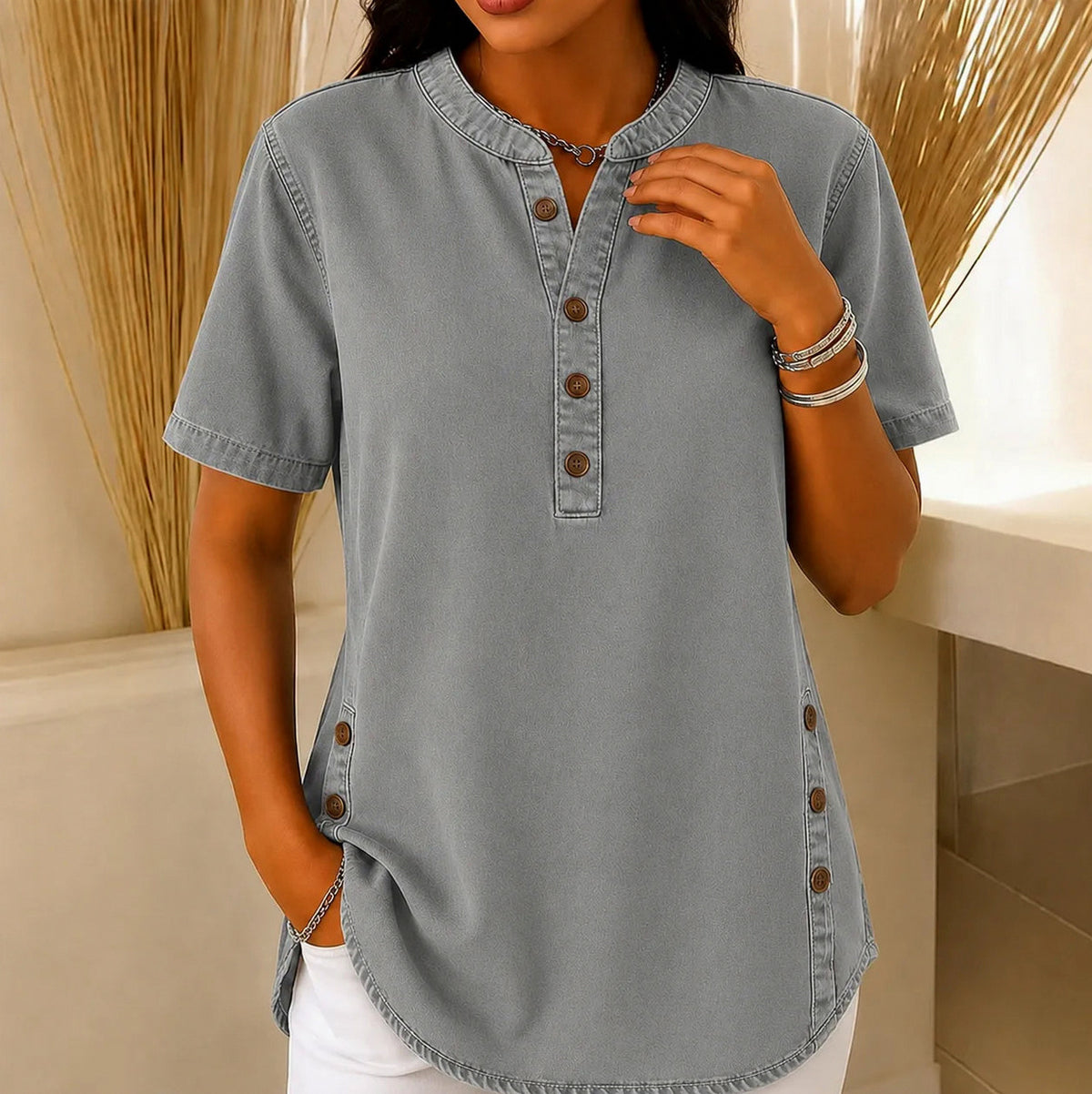 Denim Short Sleeve Henley Blouse