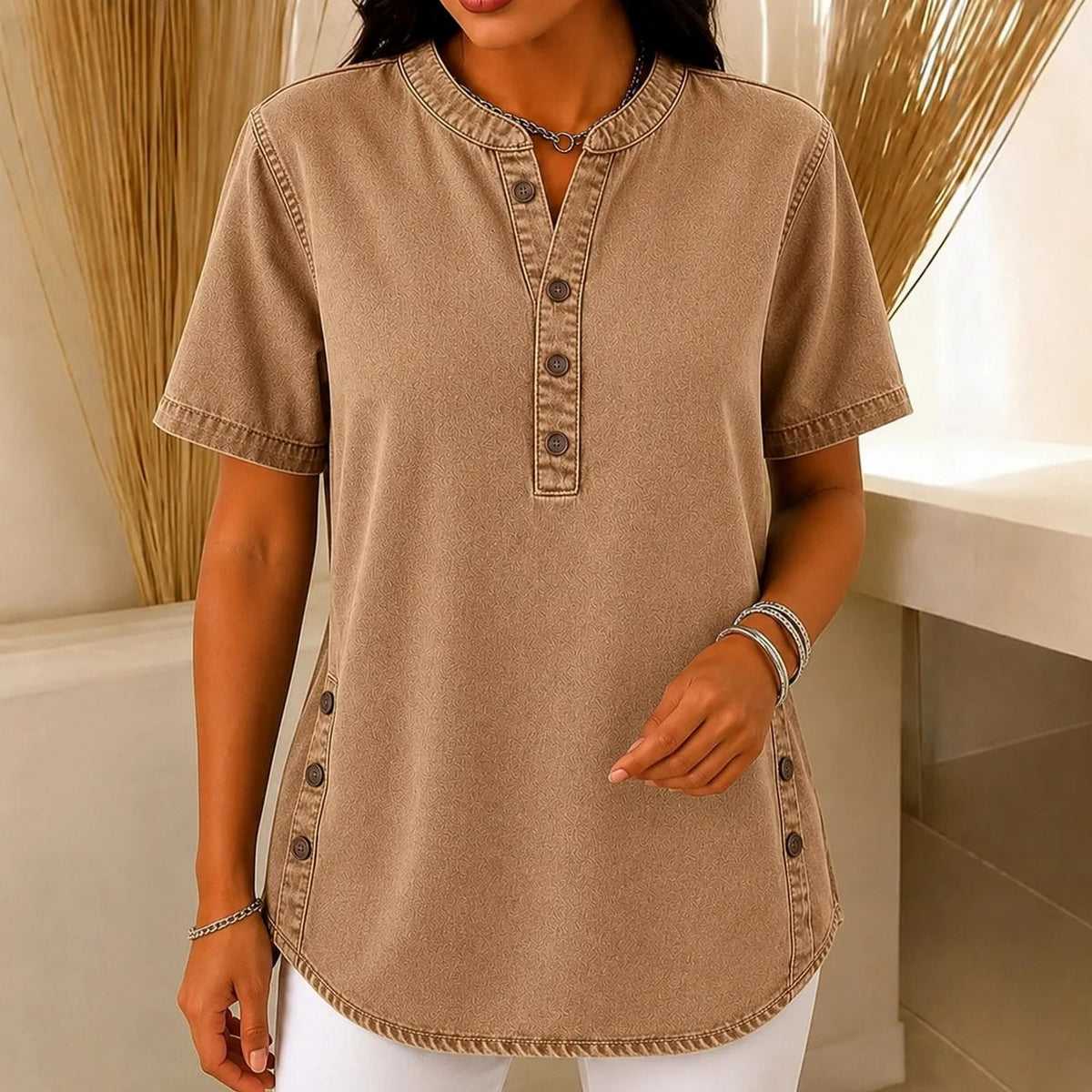 Denim Short Sleeve Henley Blouse