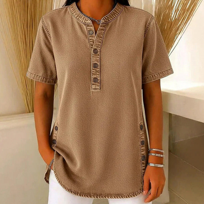 Denim Short Sleeve Henley Blouse