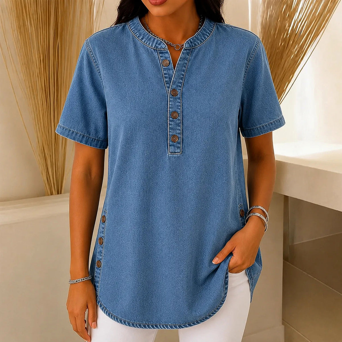 Denim Short Sleeve Henley Blouse