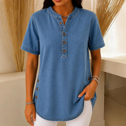 Denim Short Sleeve Henley Blouse