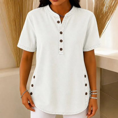 Denim Short Sleeve Henley Blouse
