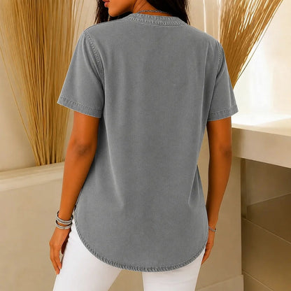 Denim Short Sleeve Henley Blouse