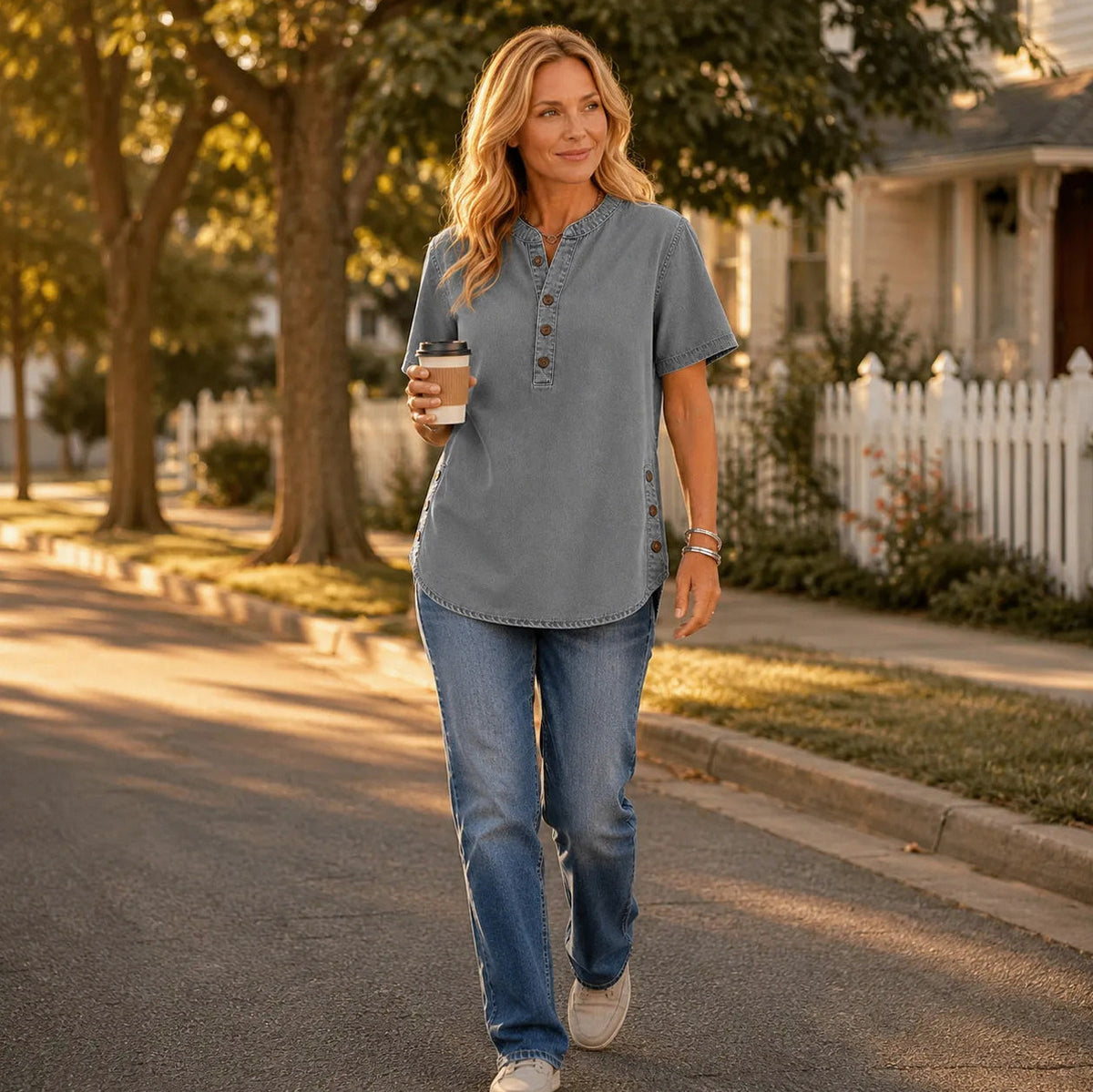 Denim Short Sleeve Henley Blouse