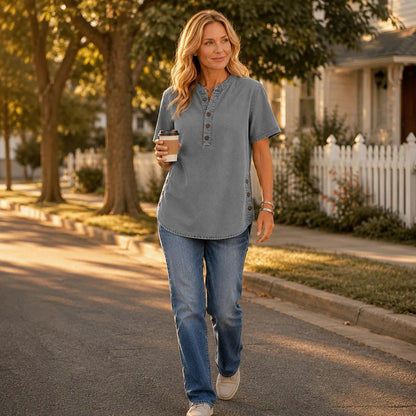 Denim Short Sleeve Henley Blouse