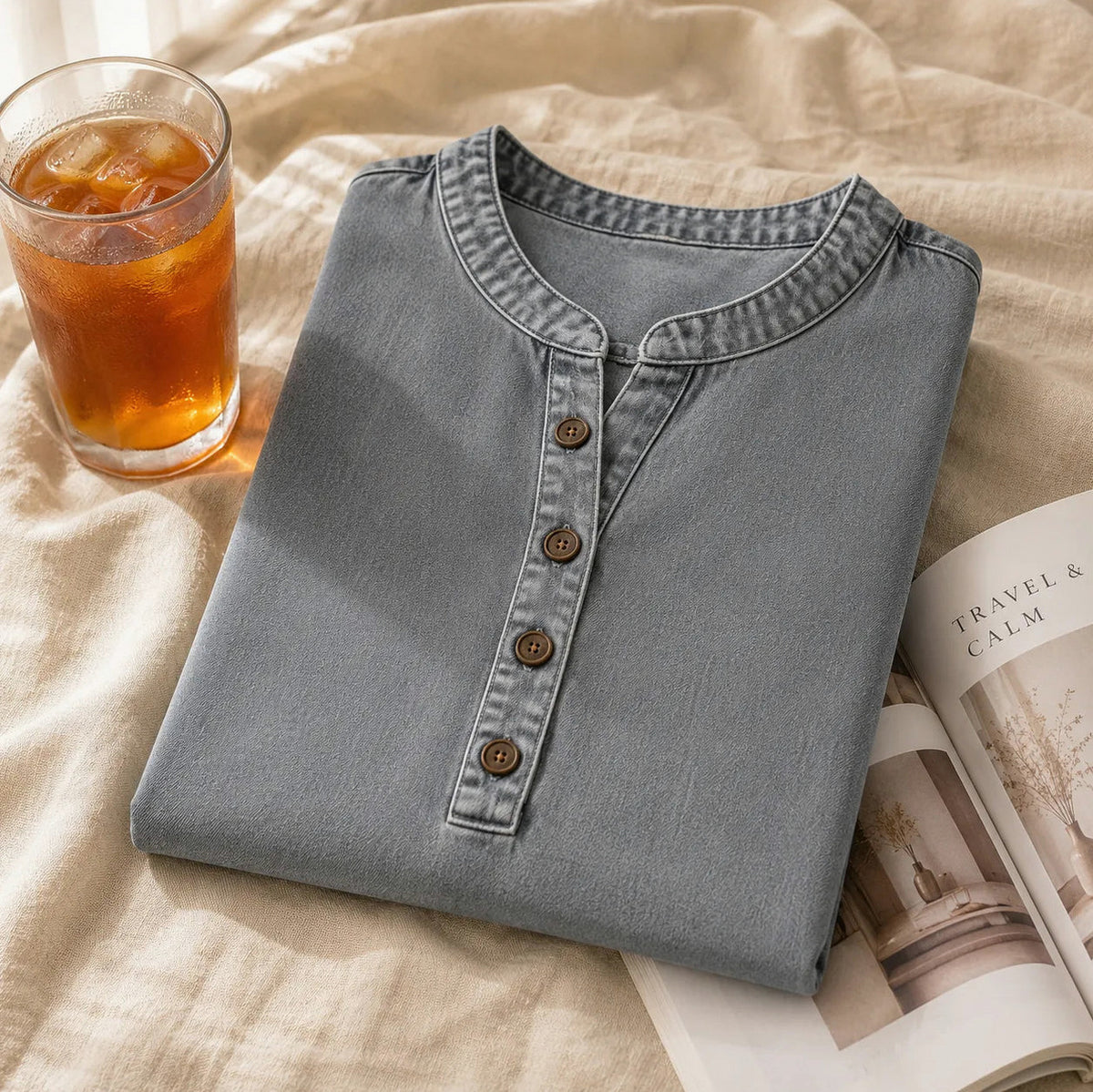 Denim Short Sleeve Henley Blouse