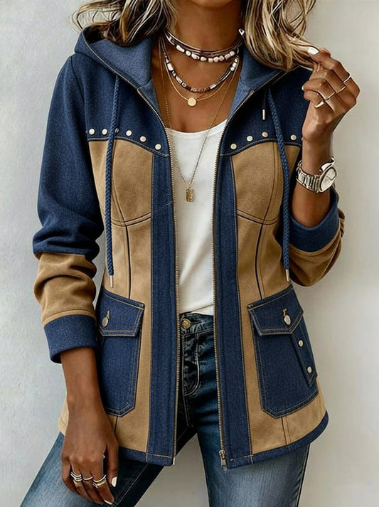 Denim Suede Studded Hooded Jacket