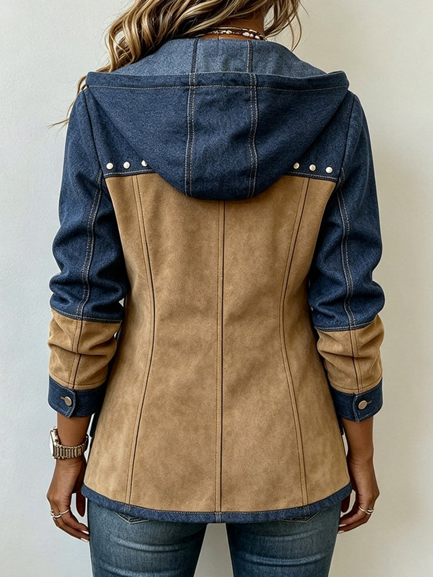 Denim Suede Studded Hooded Jacket