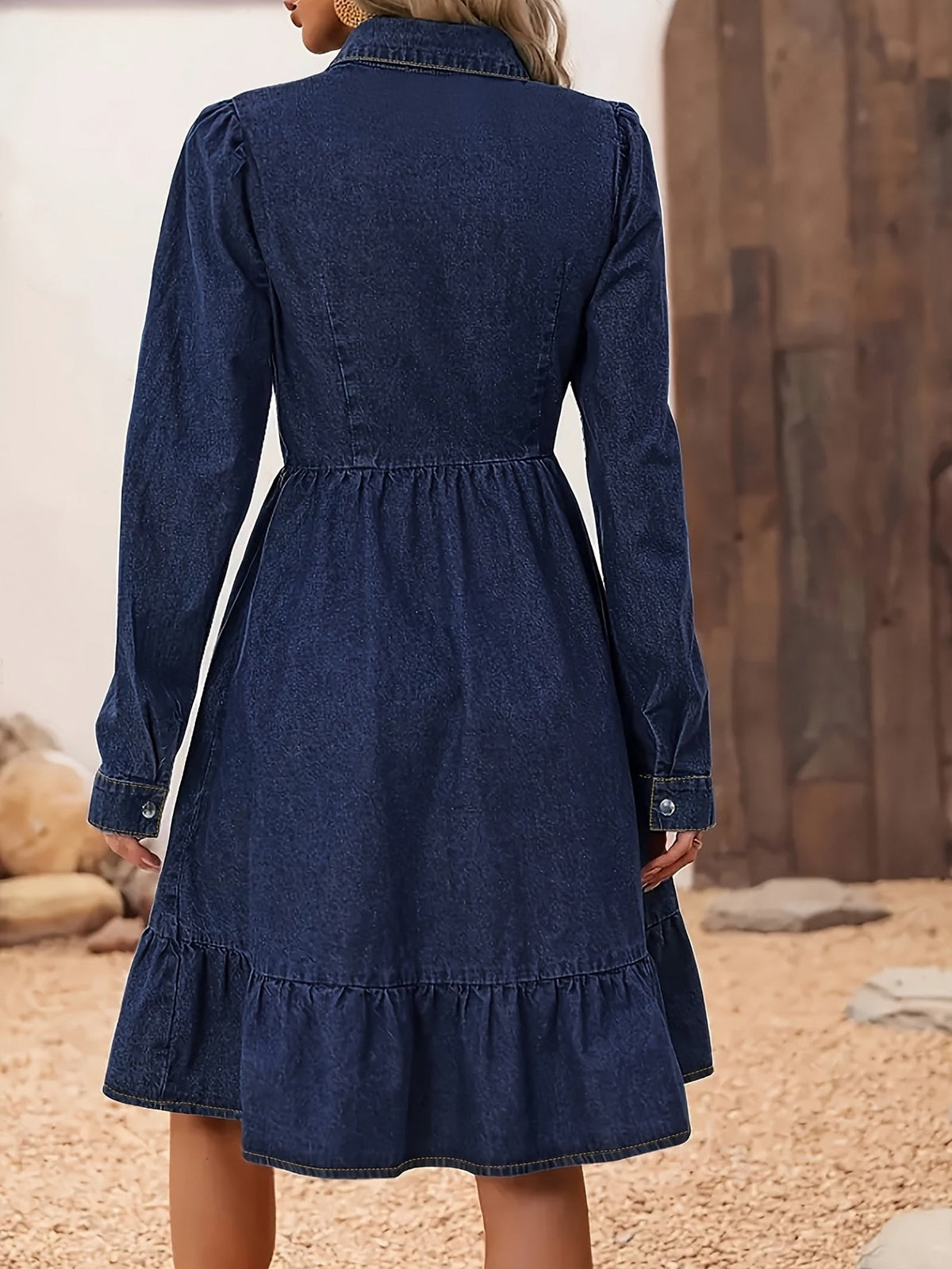 Denim Long Sleeve Tiered Button Front Shirt Dress