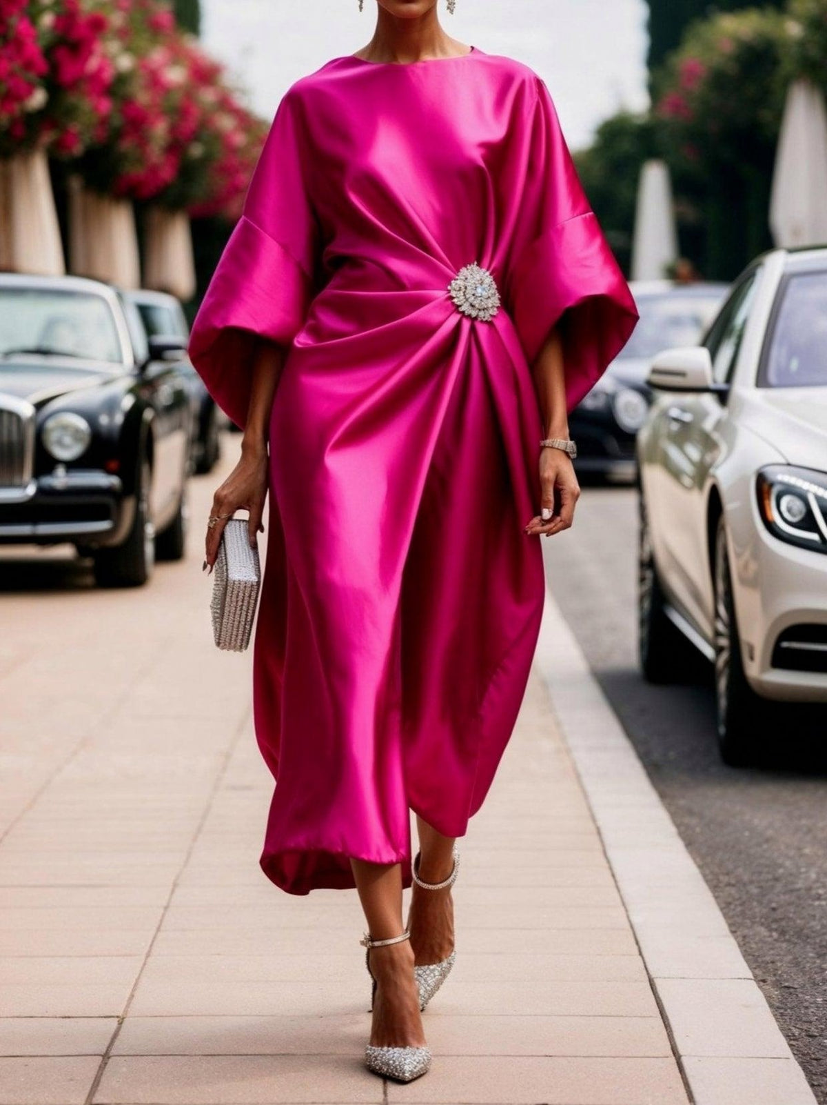 Draped Satin Cape Midi Dress