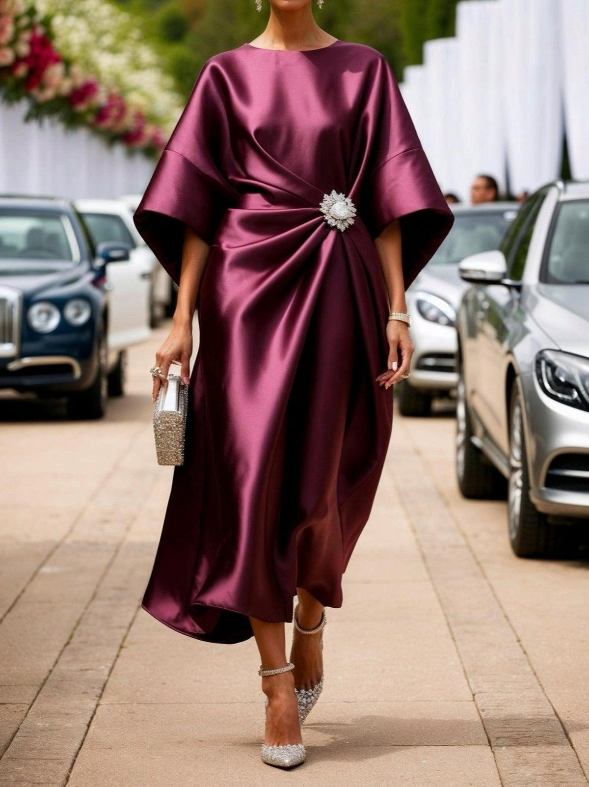 Draped Satin Cape Midi Dress